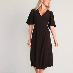 Old Navy Womens Waist-Defined Flutter-Sleeve Midi Wrap Dress Black Soft Crepe XS